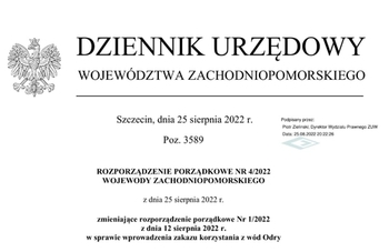 Zakaz korzystania z wód Odry przedłużony do odwołania. Zakaz nie dotyczy Zalewu Szczecińskiego